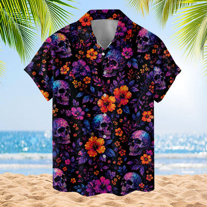 Full front view of skull print Hawaiian shirt with short sleeves and open collar