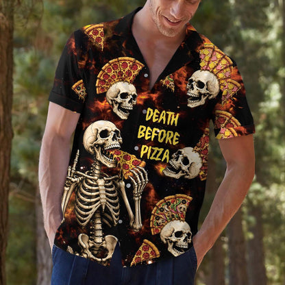 Model wearing a black skeleton pizza Hawaiian shirt with short sleeves