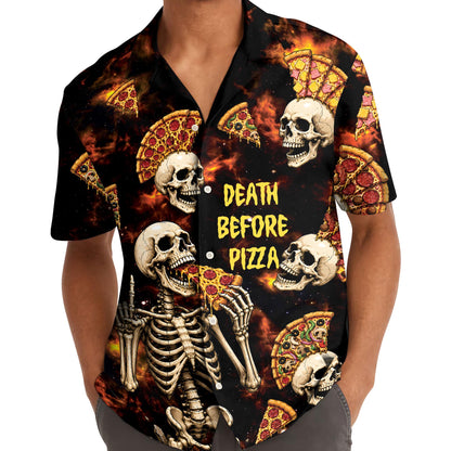 Close view of front design showing skeletons, pizza slices, and yellow lettering