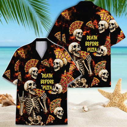 Front and back views of a skeleton pizza Hawaiian shirt with all-over artwork
