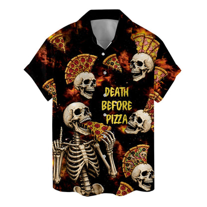 Front view of black button-up Hawaiian shirt featuring skeletons and pizza slices