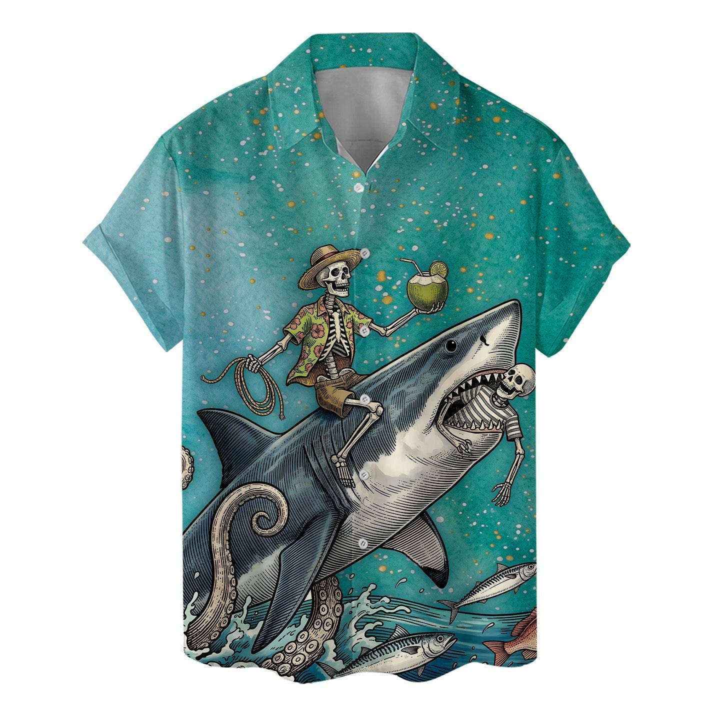 Turquoise short-sleeve Hawaiian shirt displayed against a white background