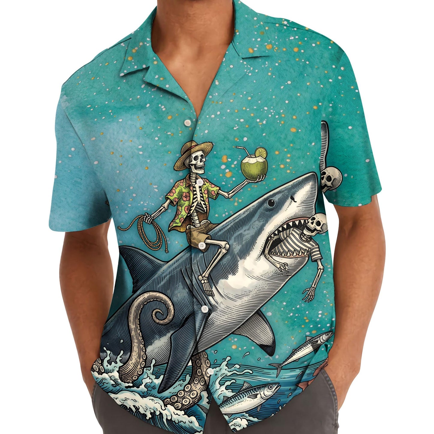 Model wearing a turquoise skeleton shark Hawaiian shirt with a tropical ocean design