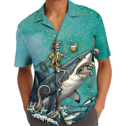 Model wearing a turquoise skeleton shark Hawaiian shirt with a tropical ocean design