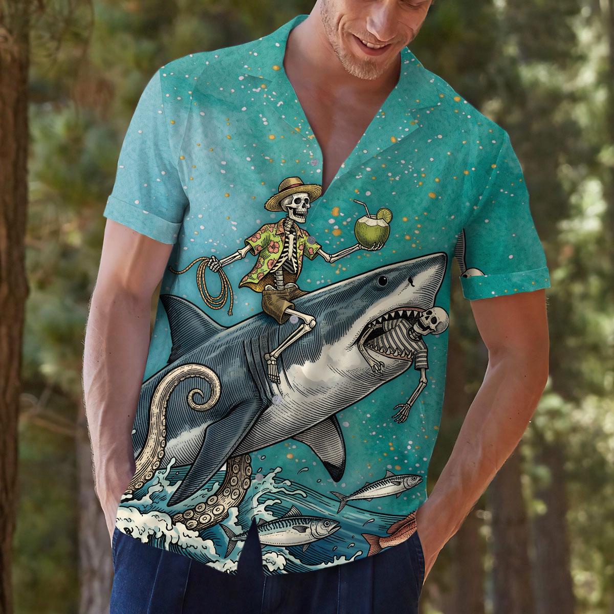 Model wearing a turquoise shark and skeleton Hawaiian shirt outdoors