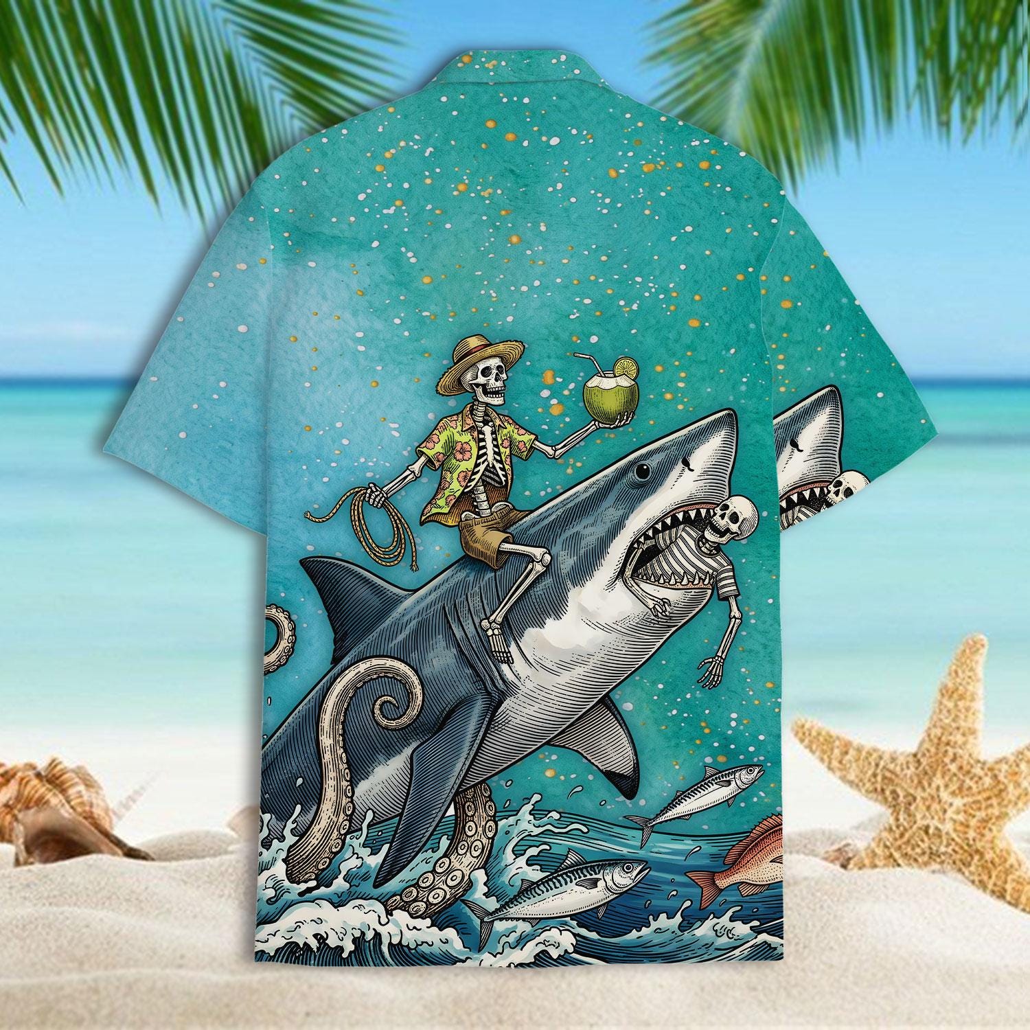 Back view of turquoise Hawaiian shirt with skeleton sailor, shark, waves, and sea creatures