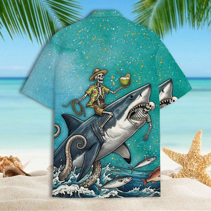 Back view of turquoise Hawaiian shirt with skeleton sailor, shark, waves, and sea creatures