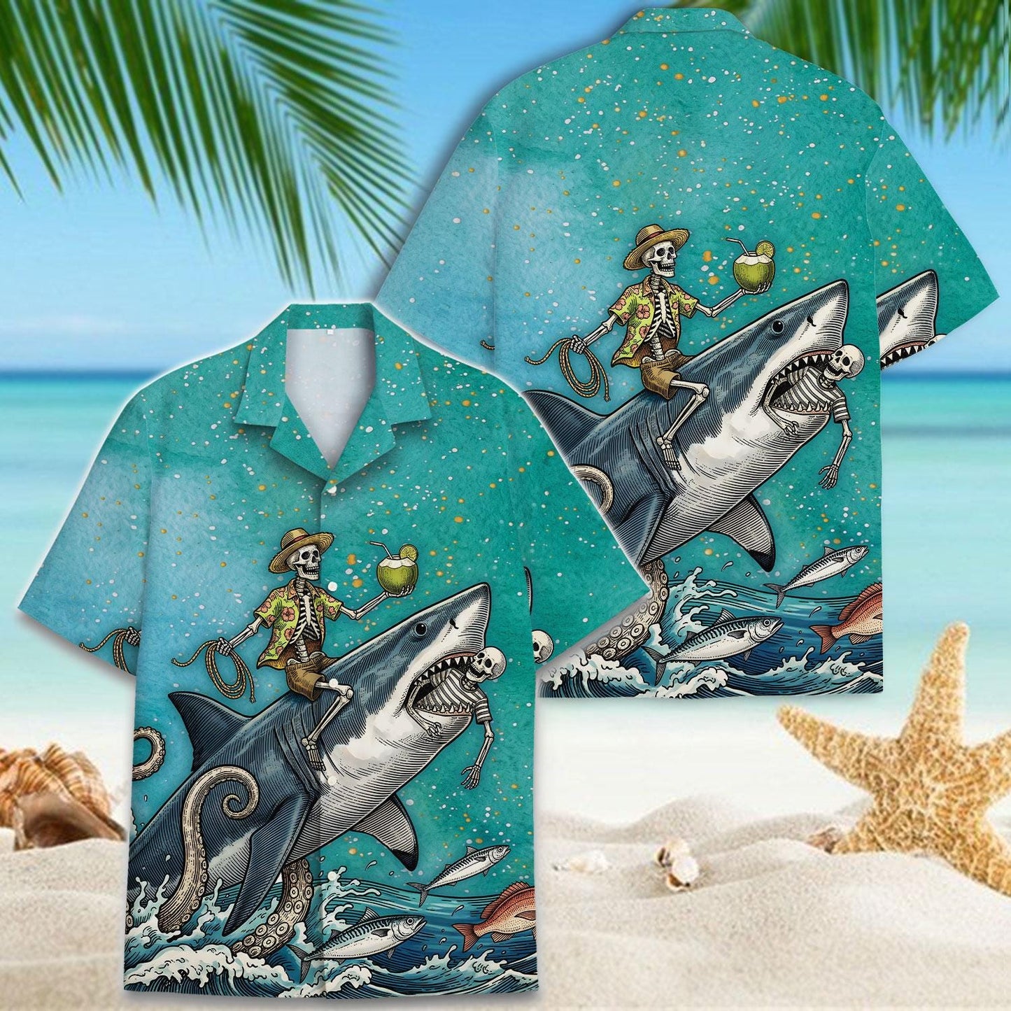 Turquoise Hawaiian shirt featuring a skeleton sailor riding a shark on a tropical beach background