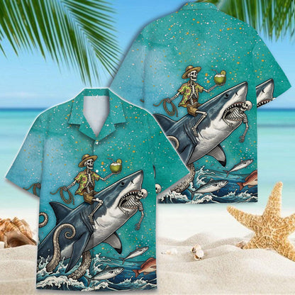 Turquoise Hawaiian shirt featuring a skeleton sailor riding a shark on a tropical beach background