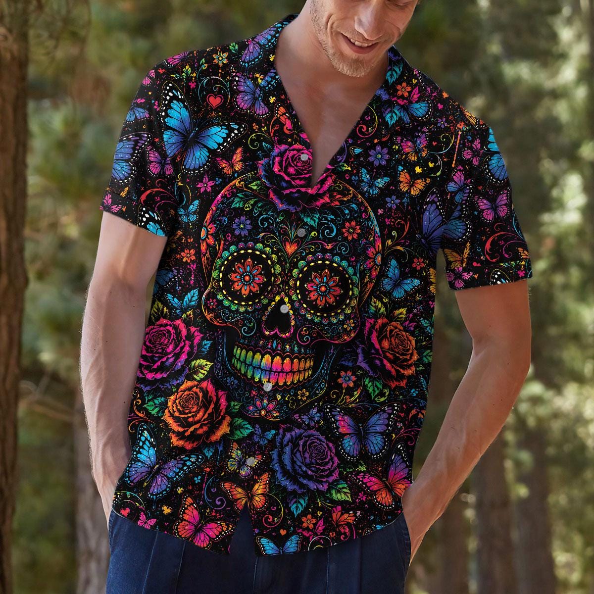 Person modeling a vibrant sugar skull floral Hawaiian shirt outdoors