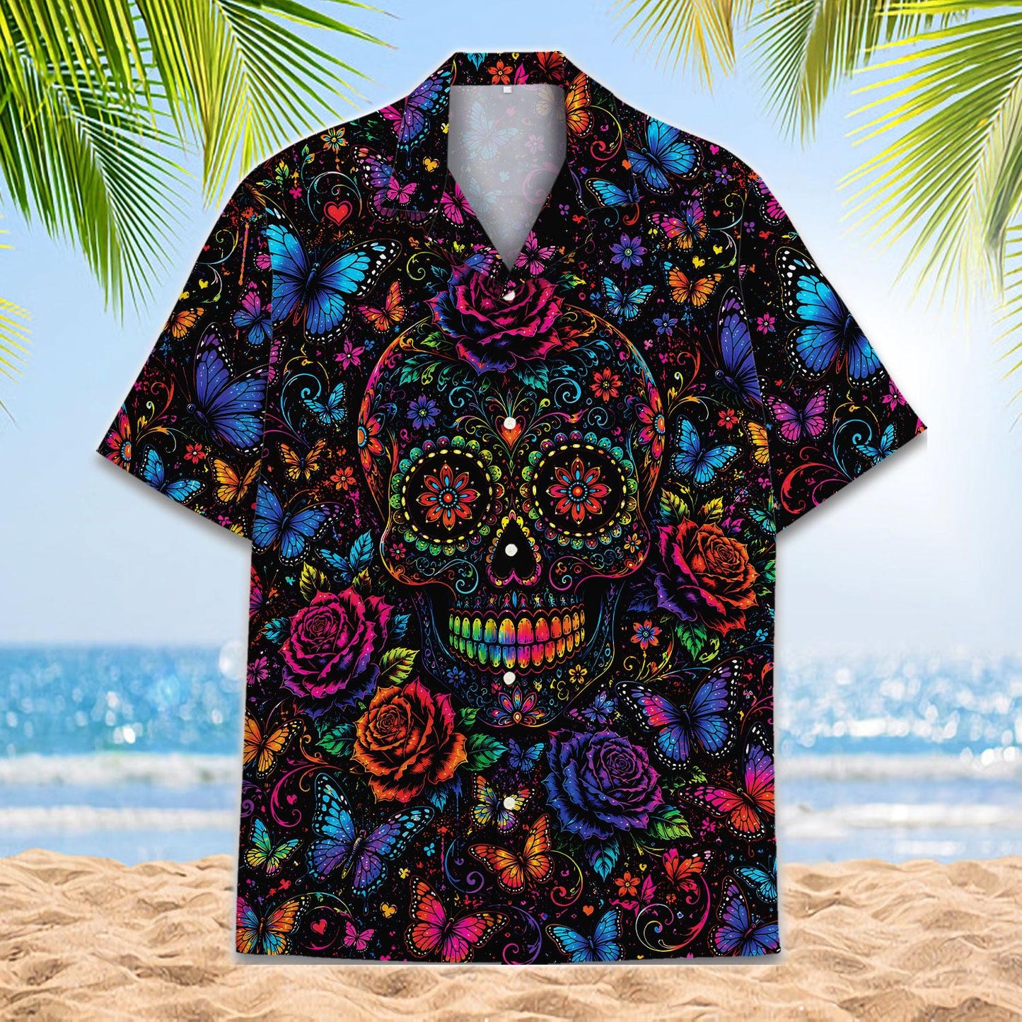 Black Hawaiian shirt with colorful sugar skull, butterflies, roses, and floral artwork