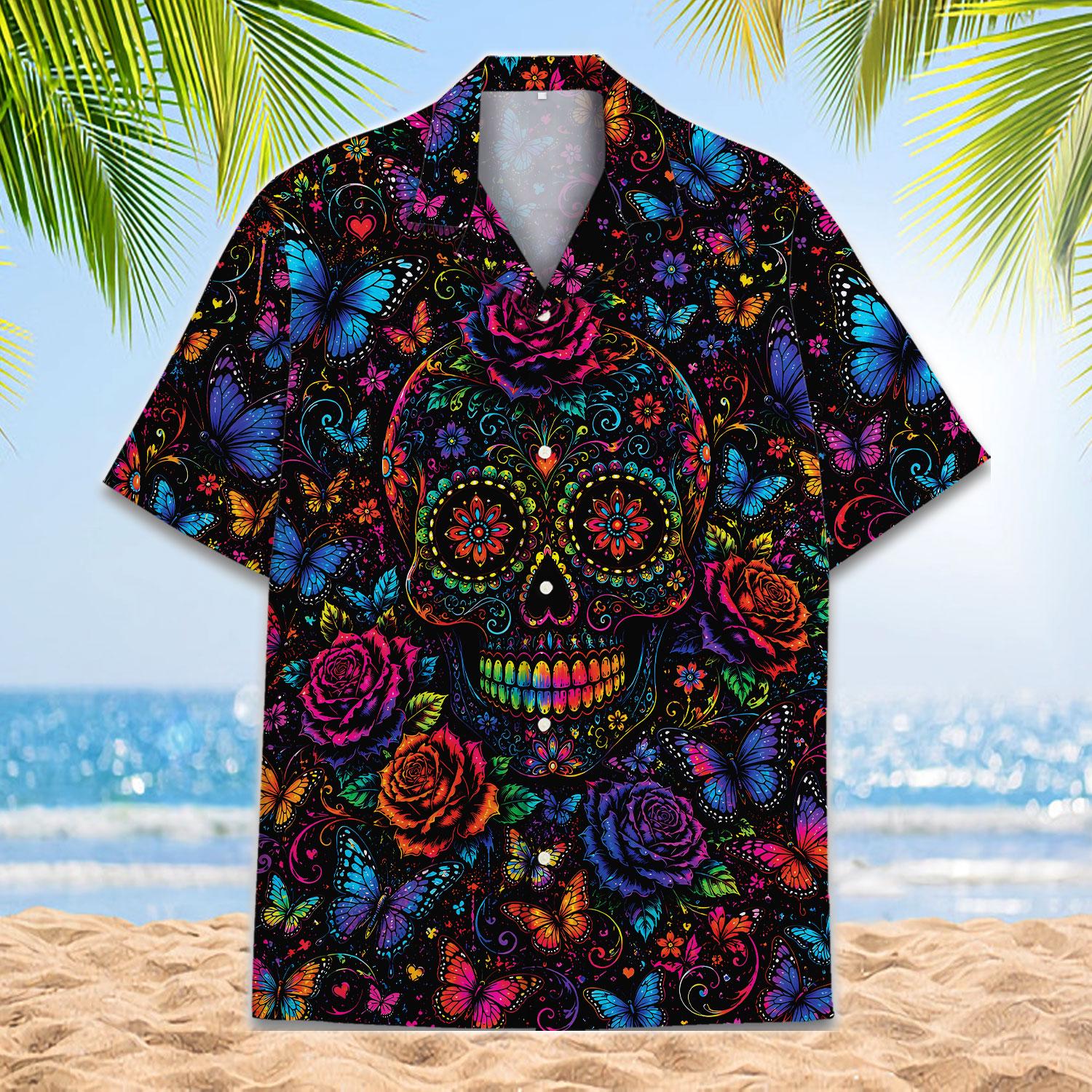Black Hawaiian shirt with colorful sugar skull, butterflies, roses, and floral artwork
