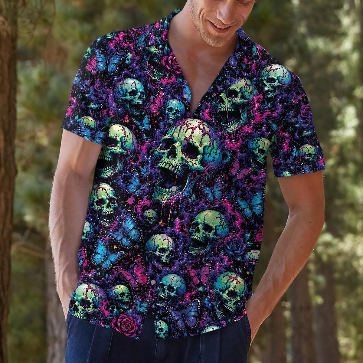Model wearing a skull and butterfly Hawaiian shirt outdoors