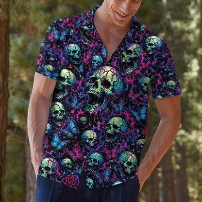 Model wearing a skull and butterfly Hawaiian shirt outdoors
