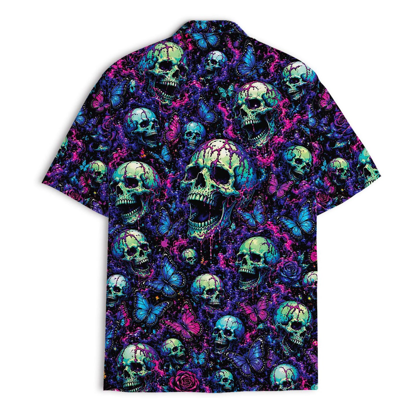 Back view of a neon skull Hawaiian shirt covered in butterflies and roses