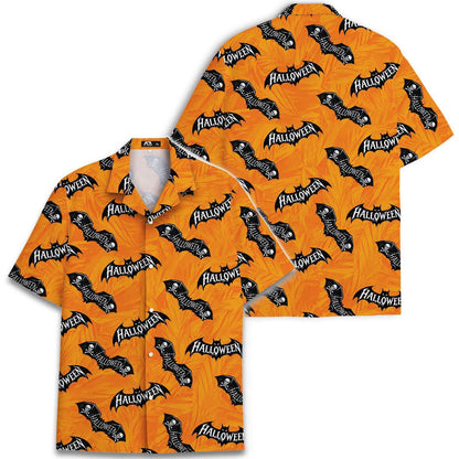 Front and back views of an orange bat print Halloween Hawaiian shirt