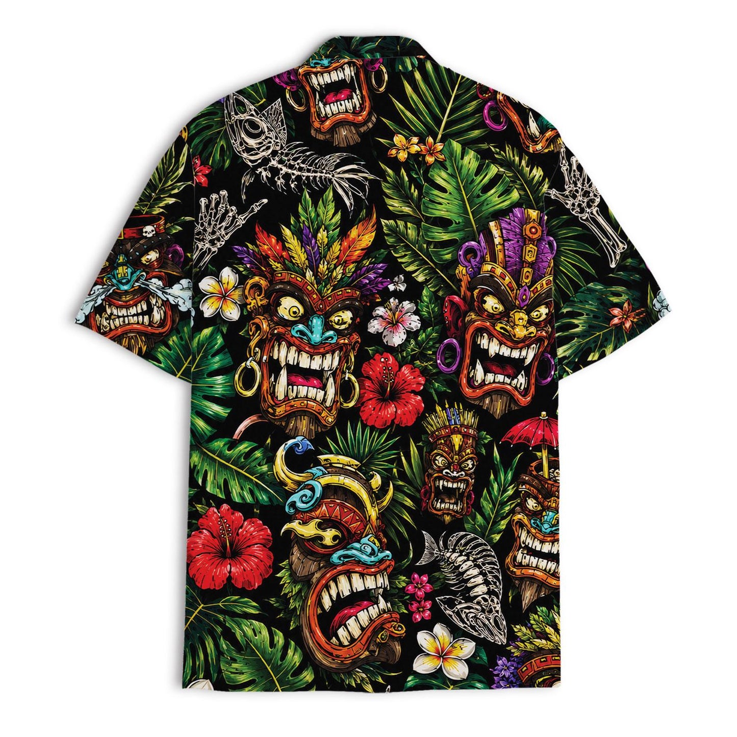 Flat lay front view of black aloha shirt with vibrant tropical mask artwork