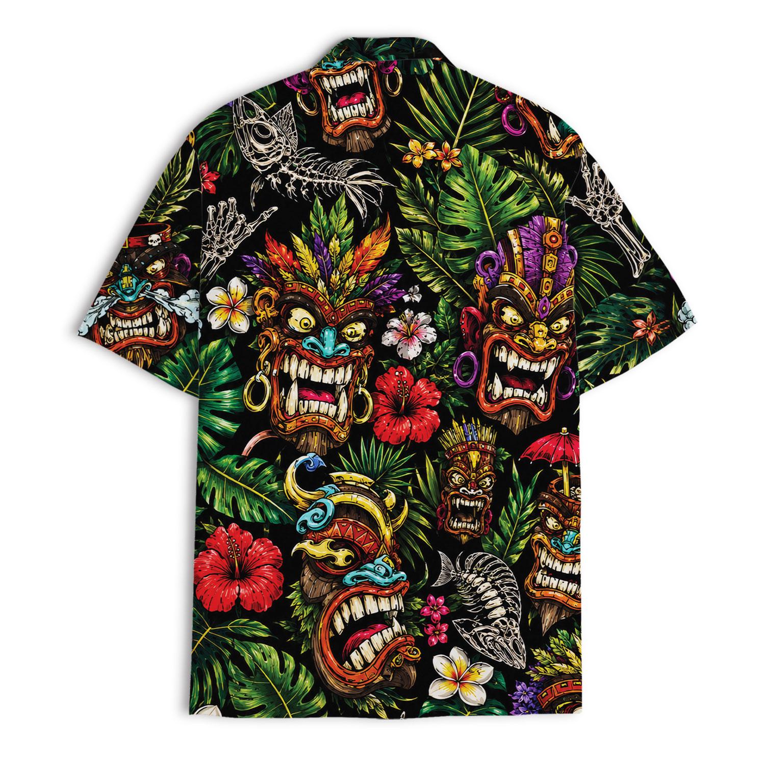Flat lay front view of black aloha shirt with vibrant tropical mask artwork