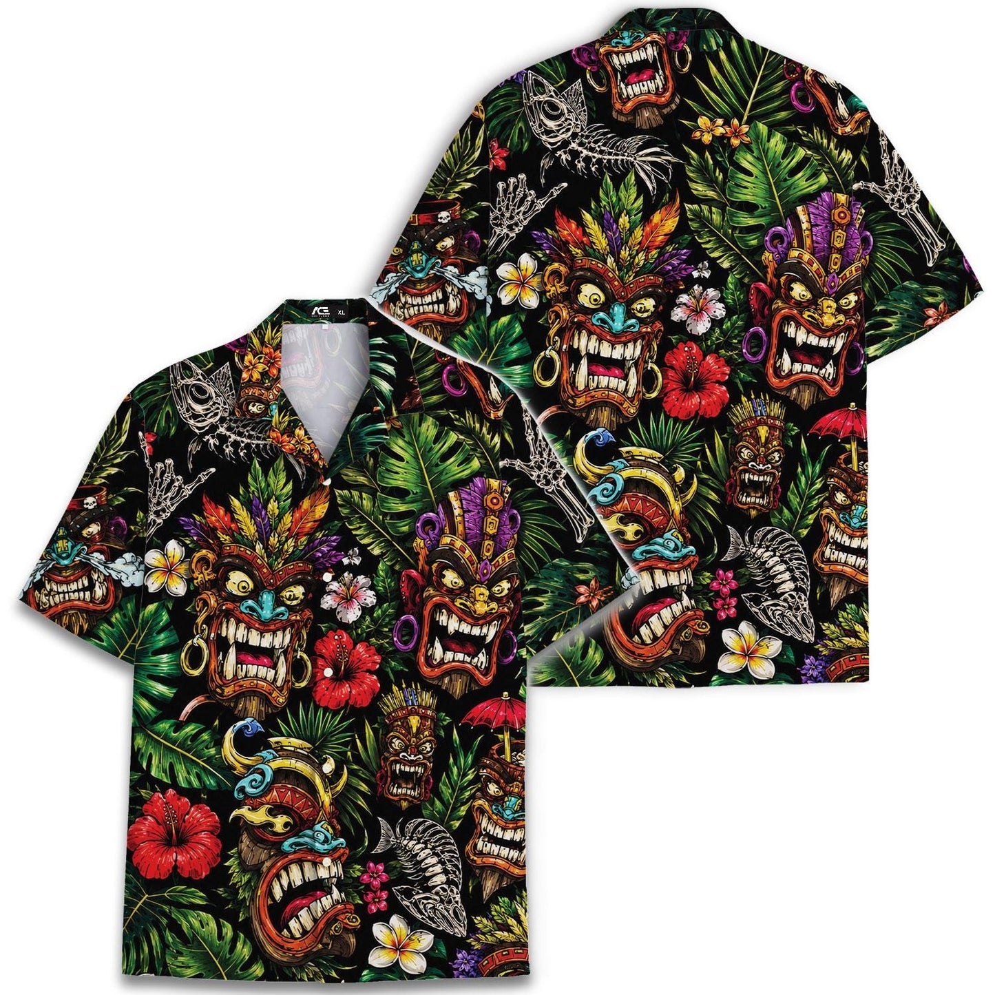 Hawaiian shirt and matching back view featuring an all-over tiki and floral print