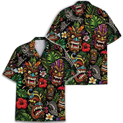 Hawaiian shirt and matching back view featuring an all-over tiki and floral print
