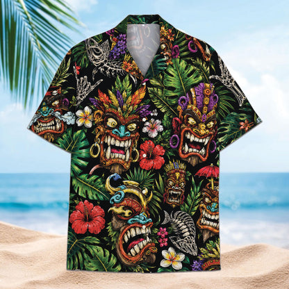 Black Hawaiian shirt with colorful tiki masks, tropical leaves, and hibiscus flowers