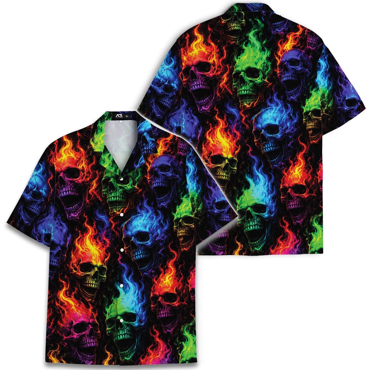 Two views of a flaming skull Hawaiian shirt showing the front and back print