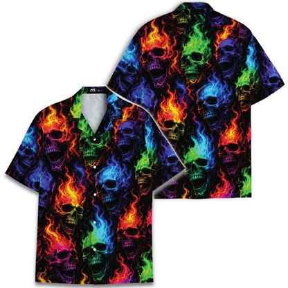 Two views of a flaming skull Hawaiian shirt showing the front and back print