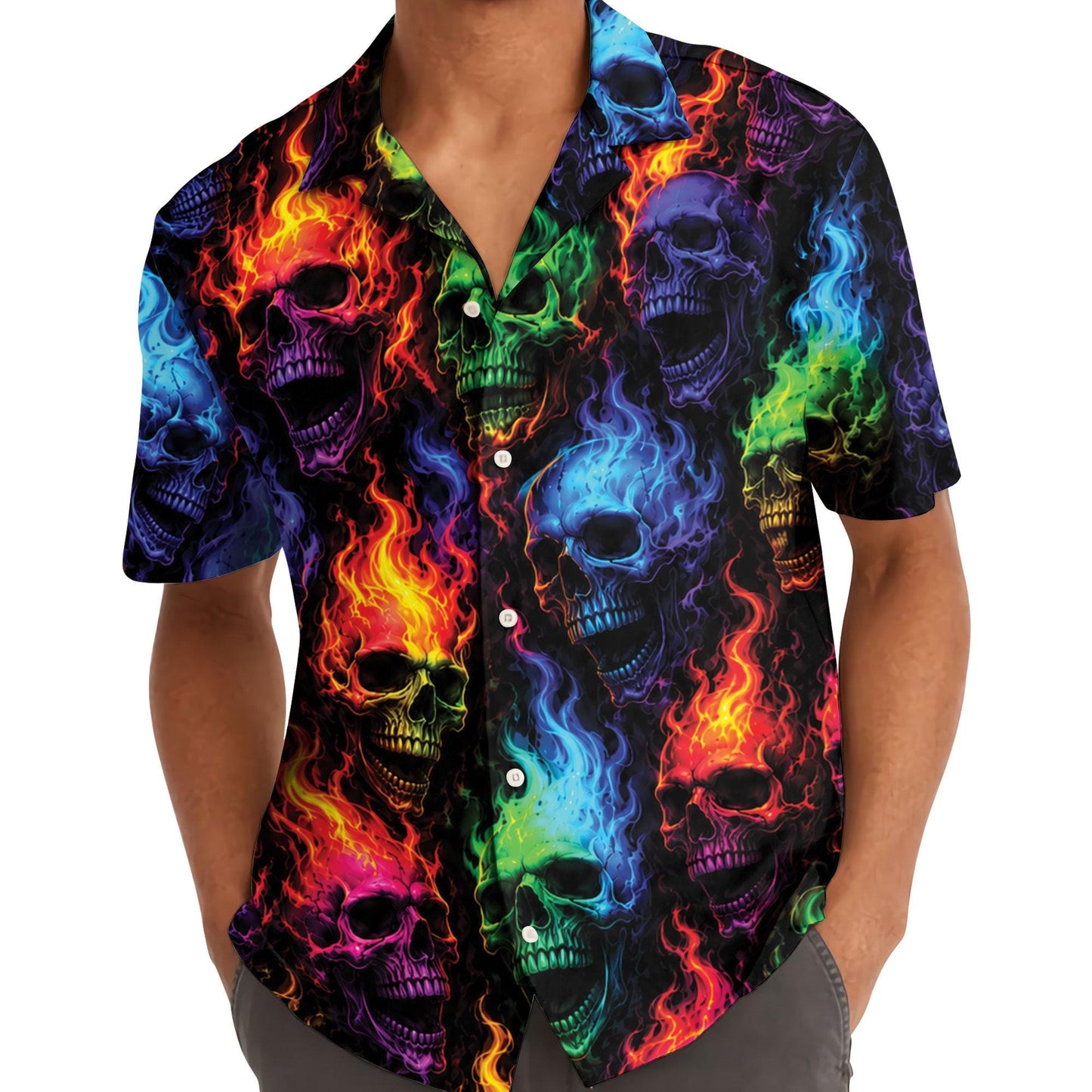 Model wearing a flaming skull Hawaiian shirt with vivid multicolor artwork