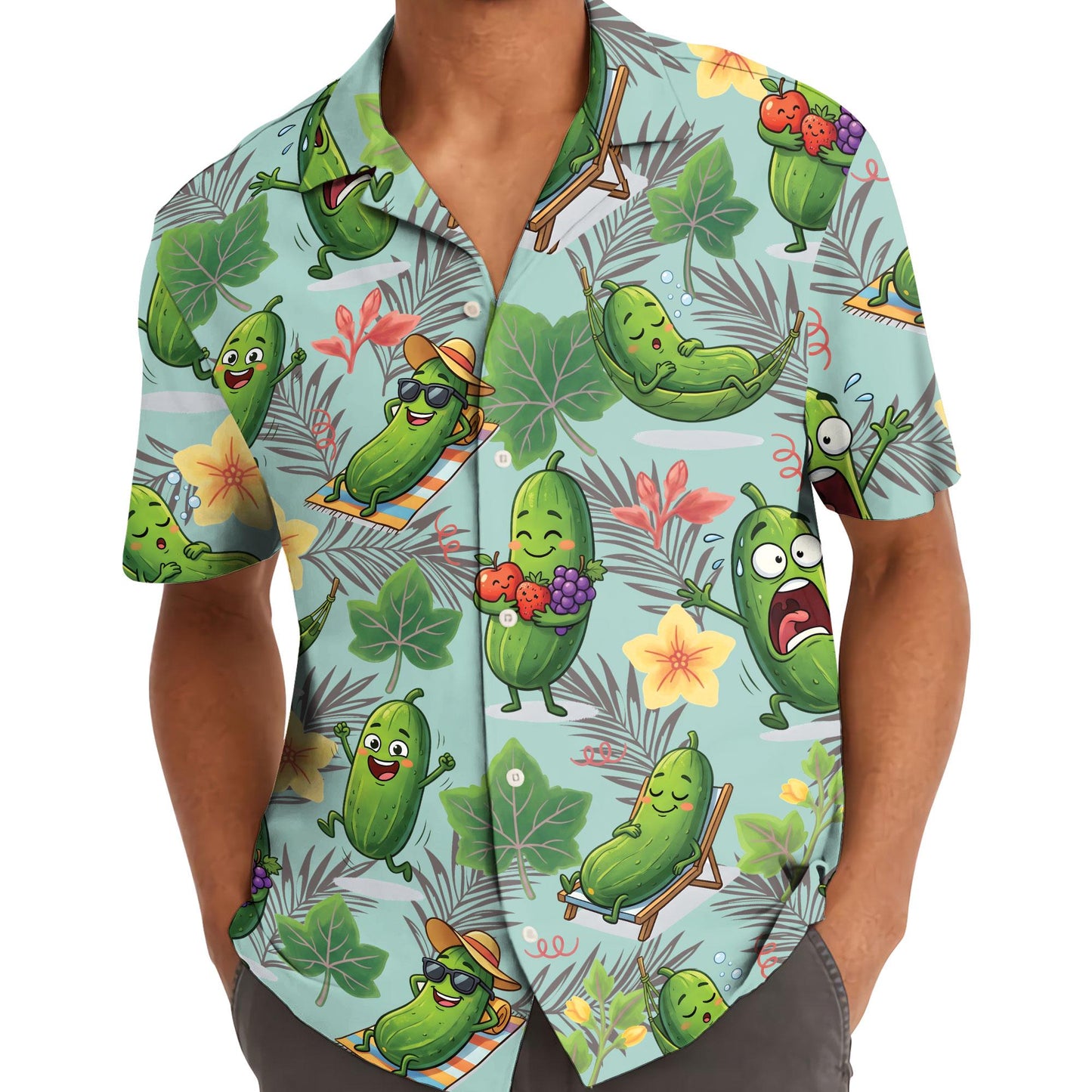 Model wearing a colorful pickle Hawaiian shirt with a collared button-front design