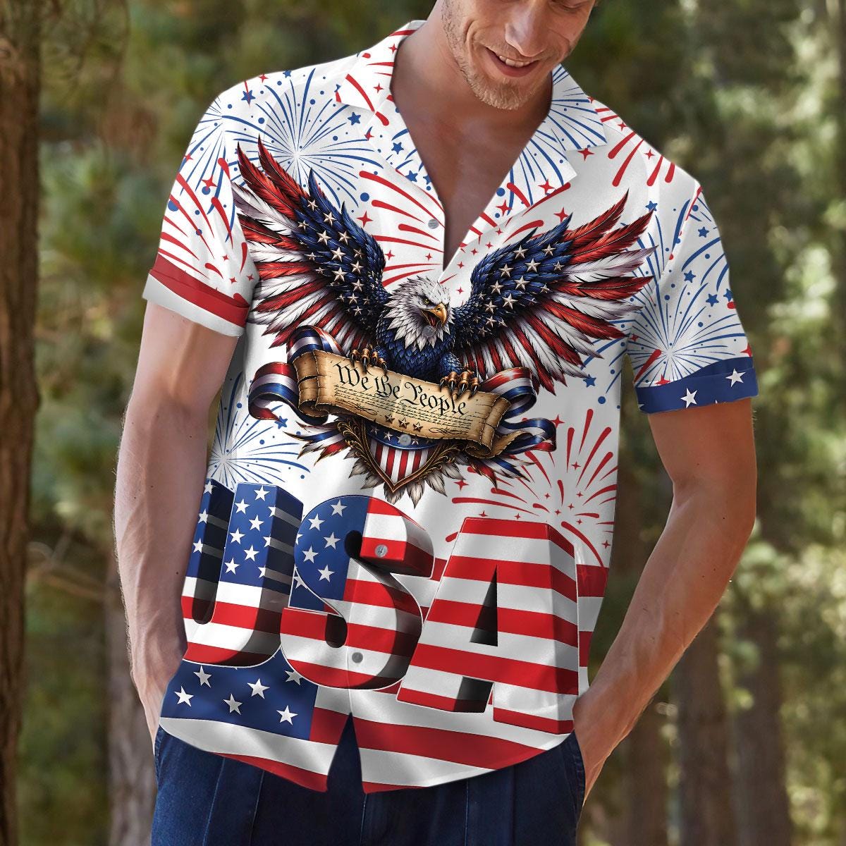 Close lifestyle view of eagle and USA flag design on a patriotic Hawaiian shirt