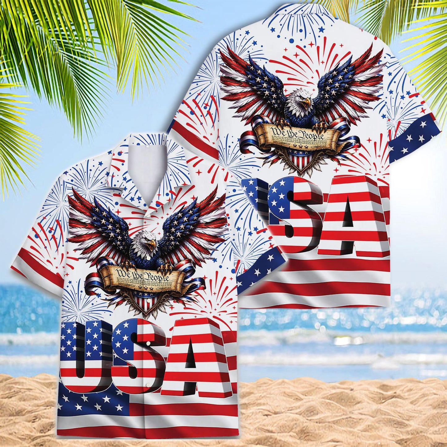 Front view of a patriotic USA Hawaiian shirt with eagle, fireworks, stars, and flag-inspired lettering