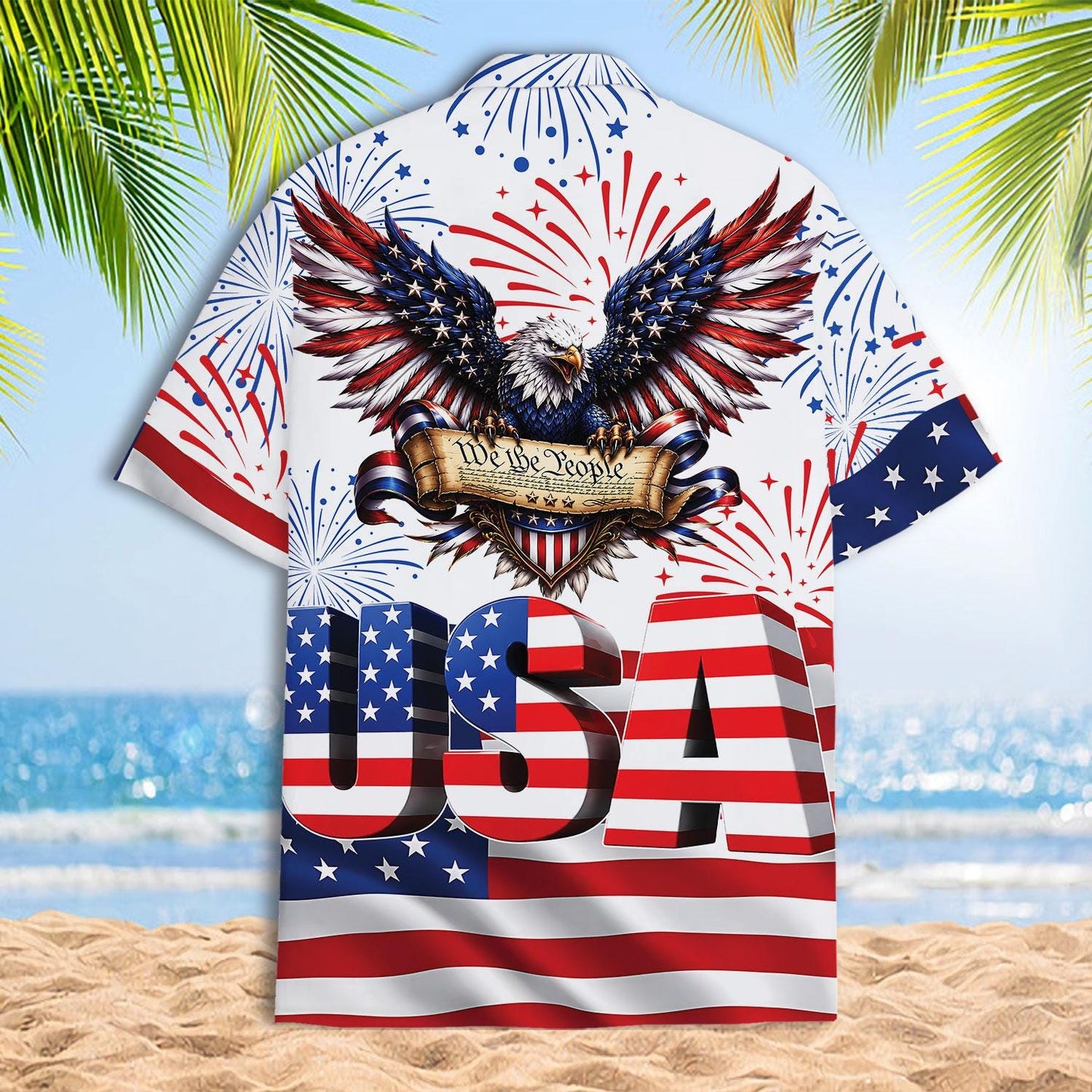 Back view of USA Hawaiian shirt featuring an eagle, fireworks, stars, and red white blue stripes