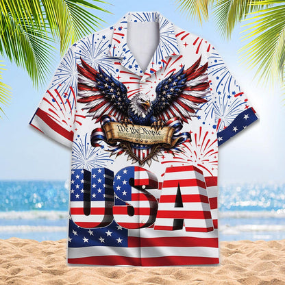 Patriotic eagle Hawaiian shirt displayed against a beach and palm tree backdrop