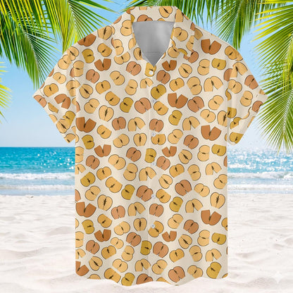 Button-front Hawaiian shirt with warm gold and brown leaf pattern