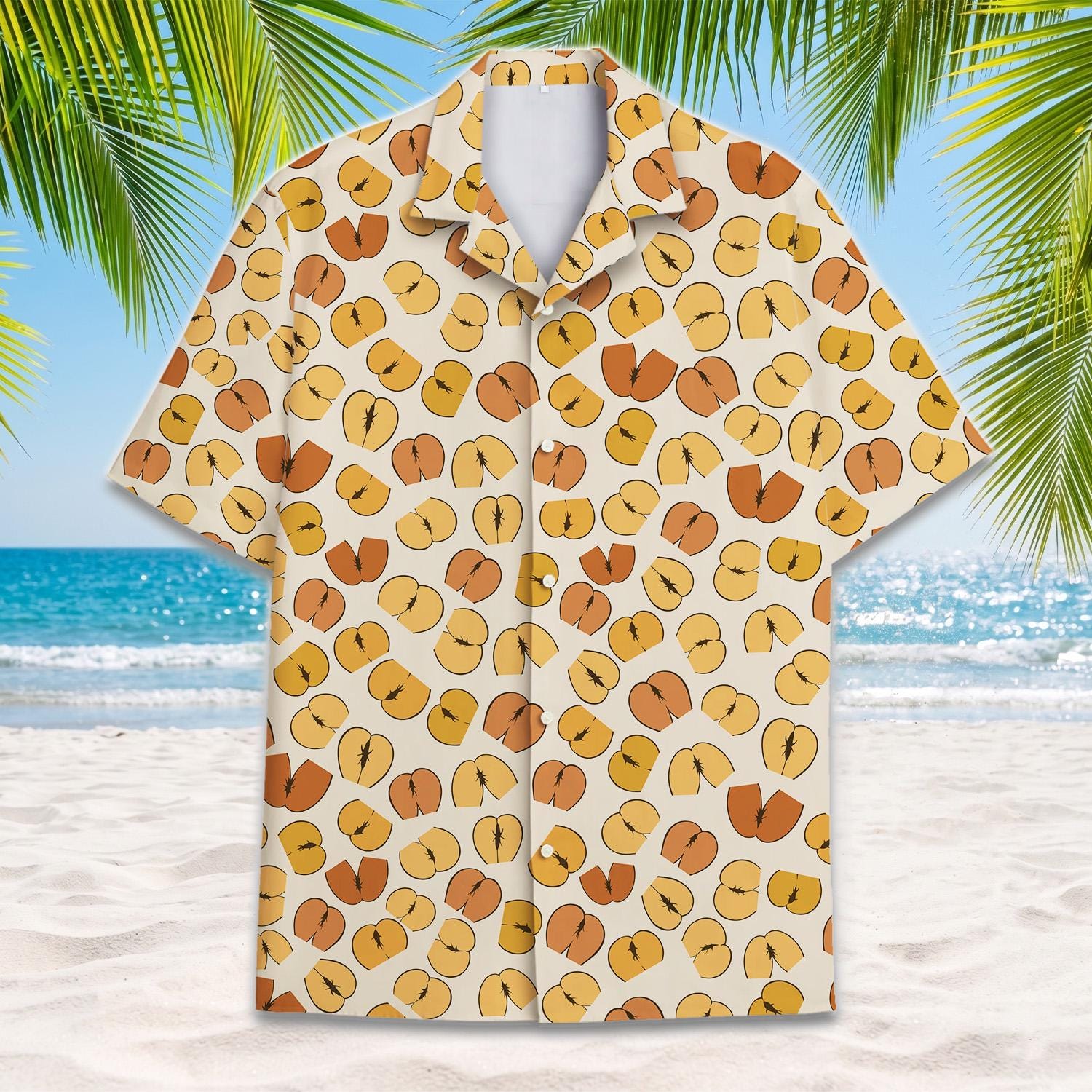 Front view of a gold and brown abstract leaf print Hawaiian shirt