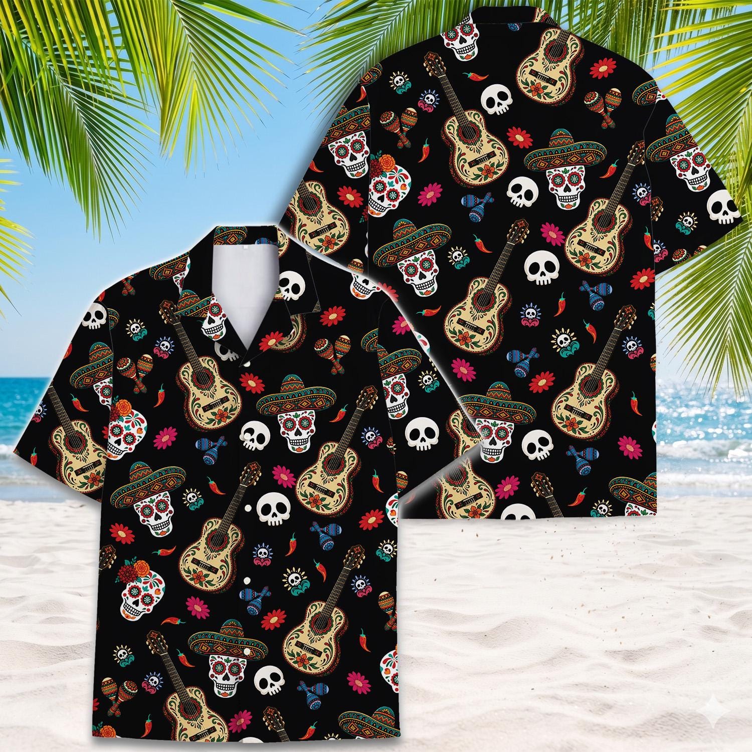 Black Hawaiian shirt with colorful sugar skulls, guitars, sombreros, flowers, maracas, and skulls
