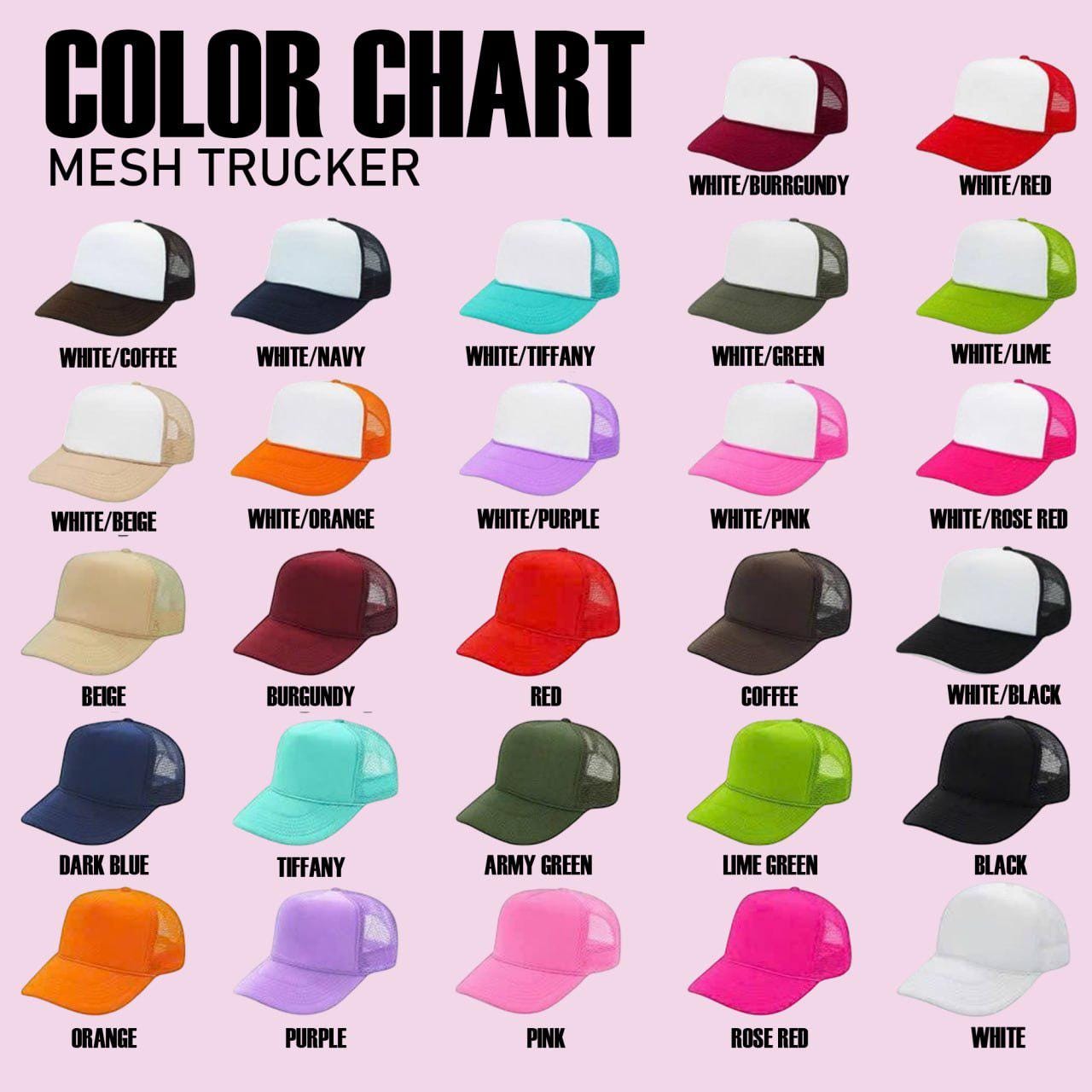 Color chart showing mesh trucker hat color combinations