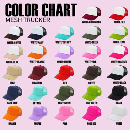 Color chart showing mesh trucker hat color combinations