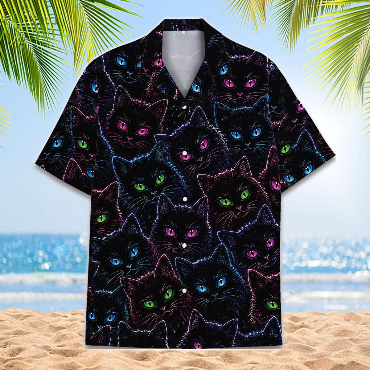 Black Hawaiian shirt with an allover pattern of colorful neon-eyed cats