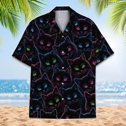 Black Hawaiian shirt with an allover pattern of colorful neon-eyed cats