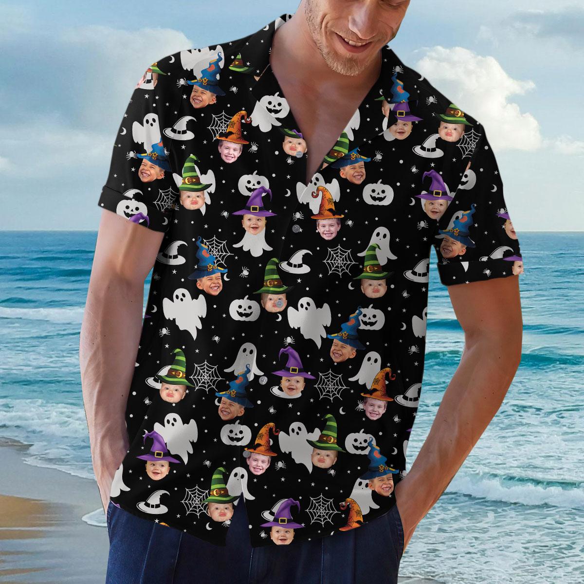 Man wearing spooky Halloween button shirt by the beach