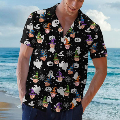 Man wearing spooky Halloween button shirt by the beach