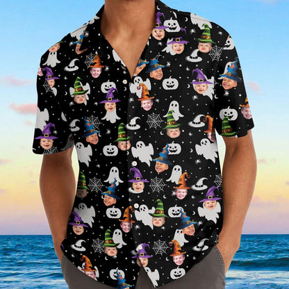 Model wearing Halloween Hawaiian shirt with ghosts, witch hats, and pumpkins