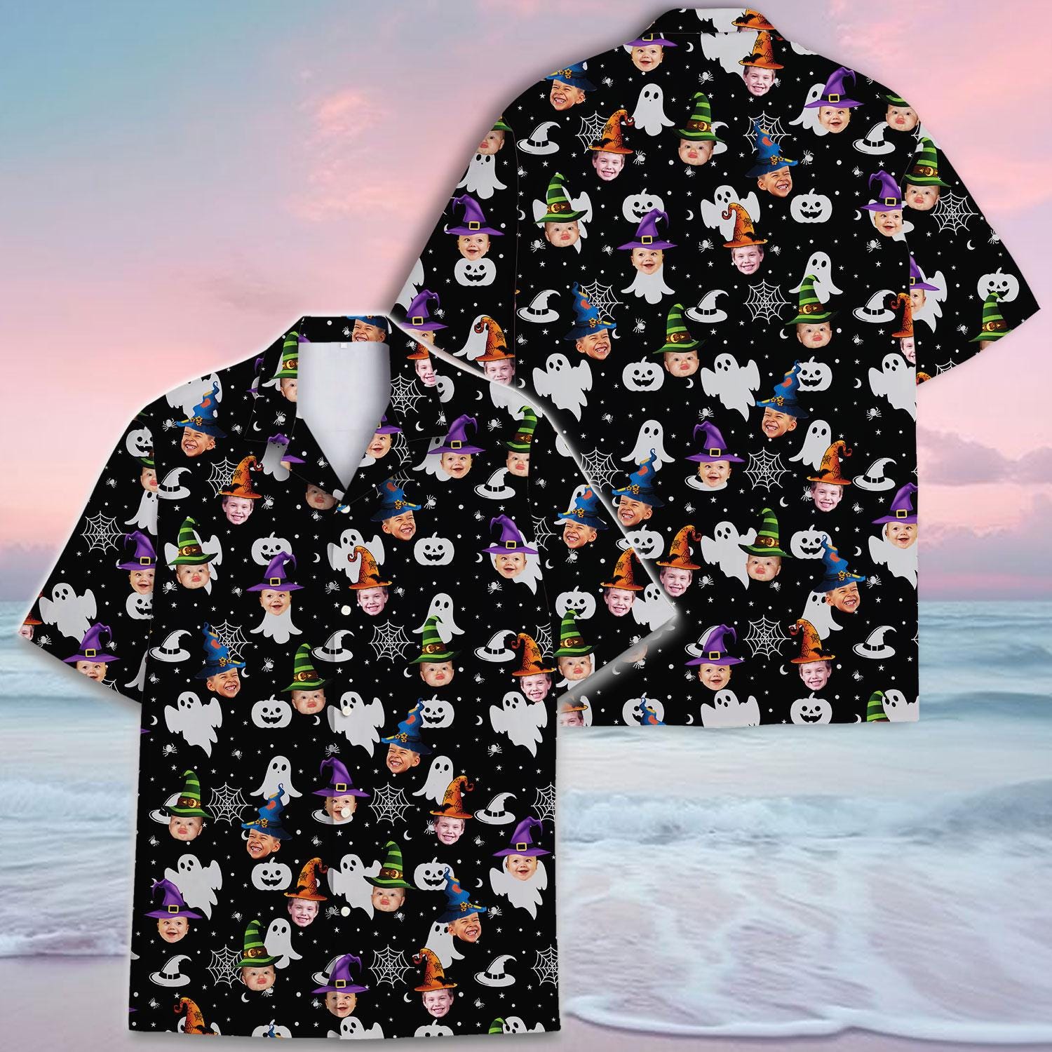 Matching adult and child Halloween Hawaiian shirts with spooky all-over print