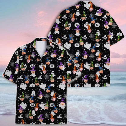 Matching adult and child Halloween Hawaiian shirts with spooky all-over print