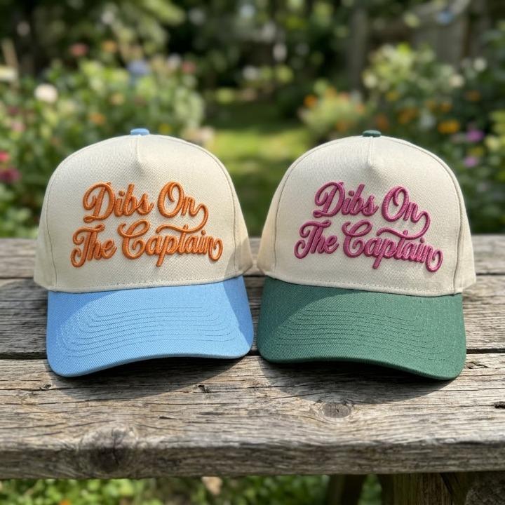 Cream Dibs On The Captain trucker hats with light blue and forest green bills outdoors