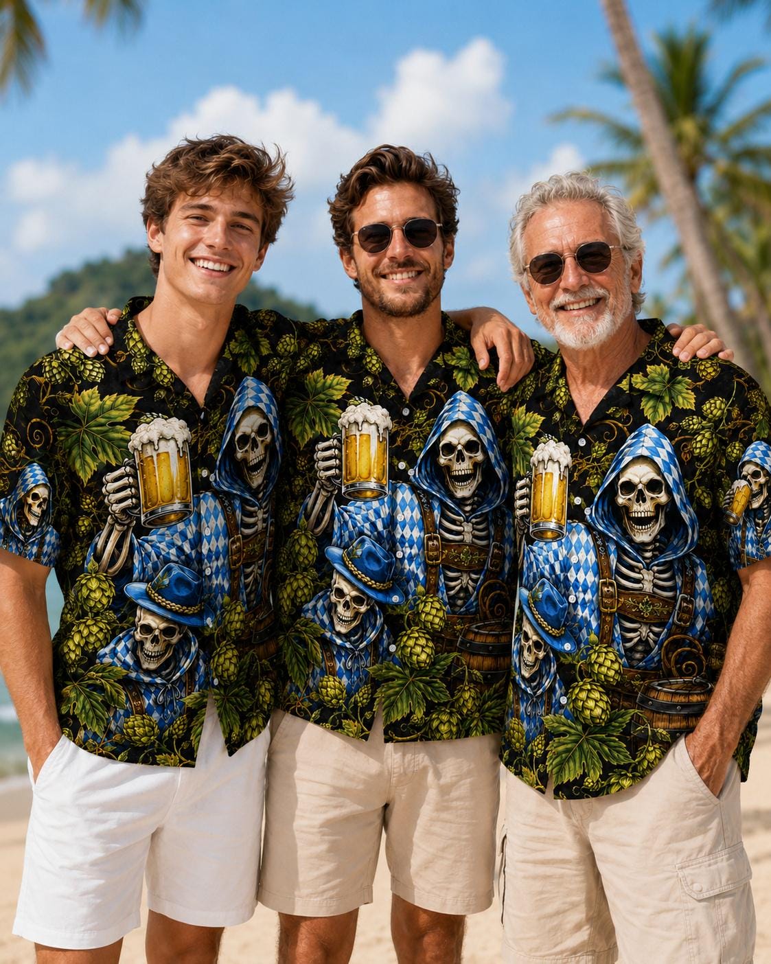 Three people wearing matching black skeleton Hawaiian shirts with blue reapers and tropical skull artwork
