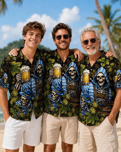 Three people wearing matching black skeleton Hawaiian shirts with blue reapers and tropical skull artwork