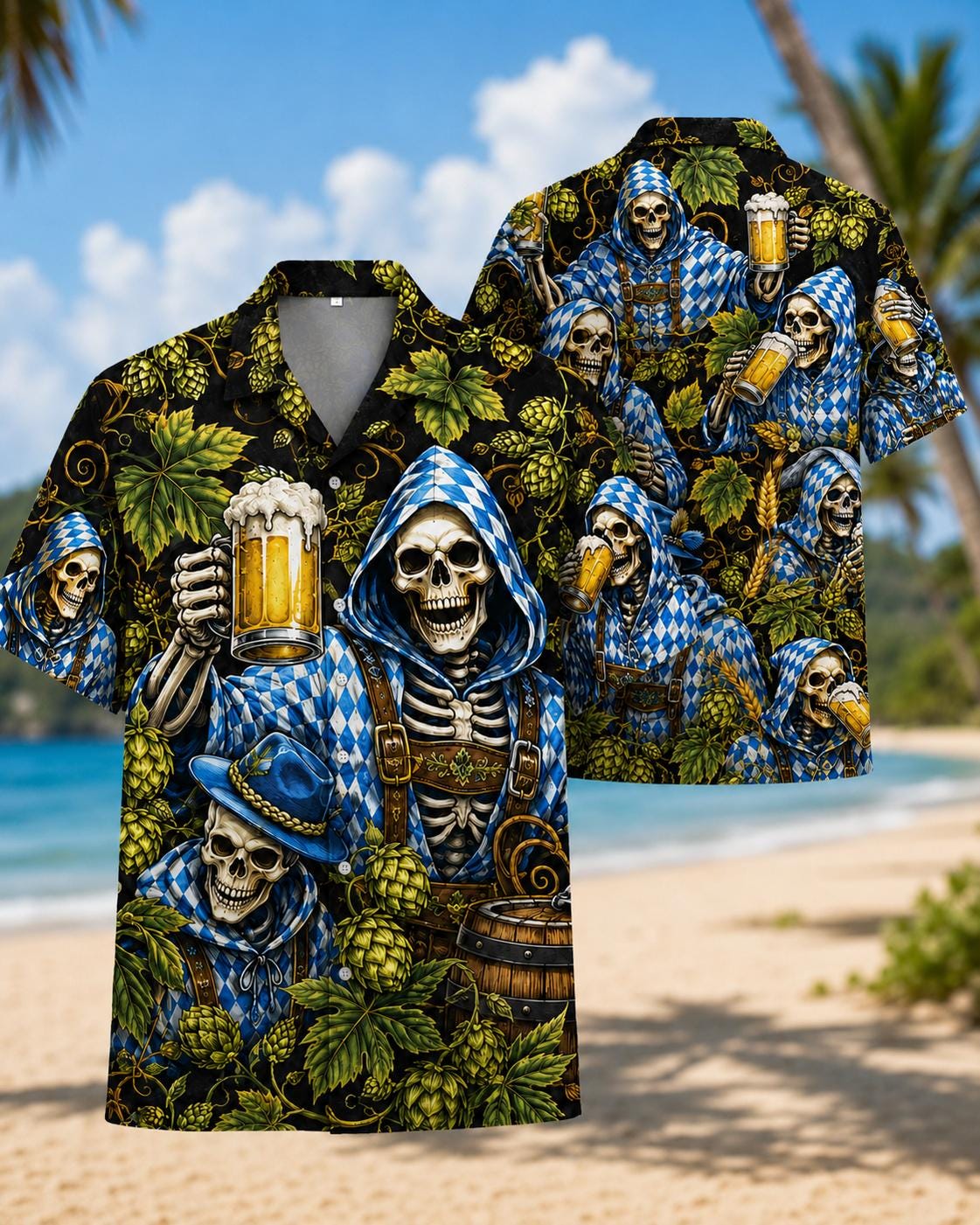 Front and back view of a black skeleton Hawaiian shirt with blue hooded reapers, golden mugs, tropical leaves, and hop-like cones