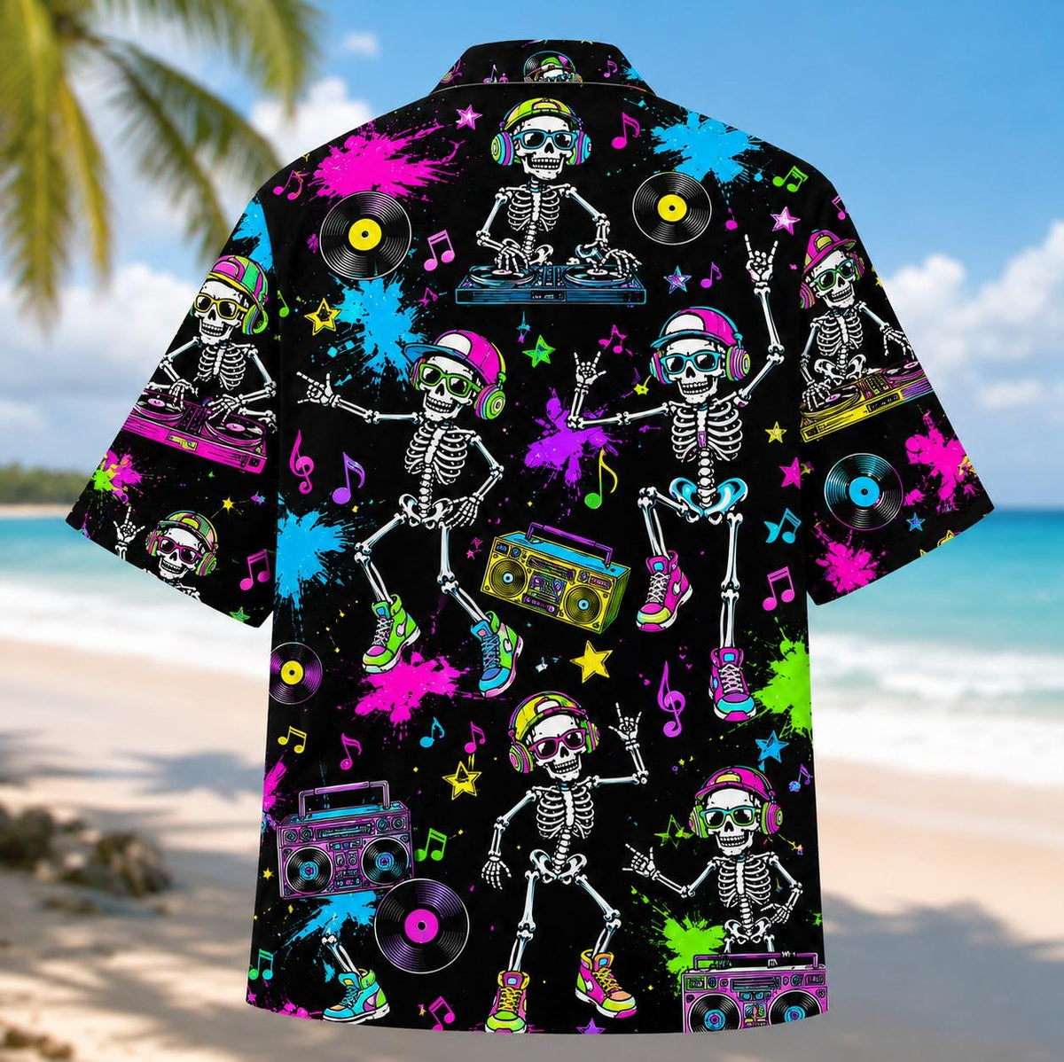 Back view of black Hawaiian shirt featuring dancing skeleton DJs and neon music artwork